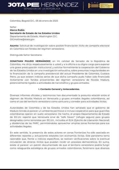 Hernández envía un oficio a Marco Rubio, secretario de Estado estadounidense, pidiendo rastrear fondos de la campaña presidencial de Petro de 2022 - crédito @JotaPeHernandez