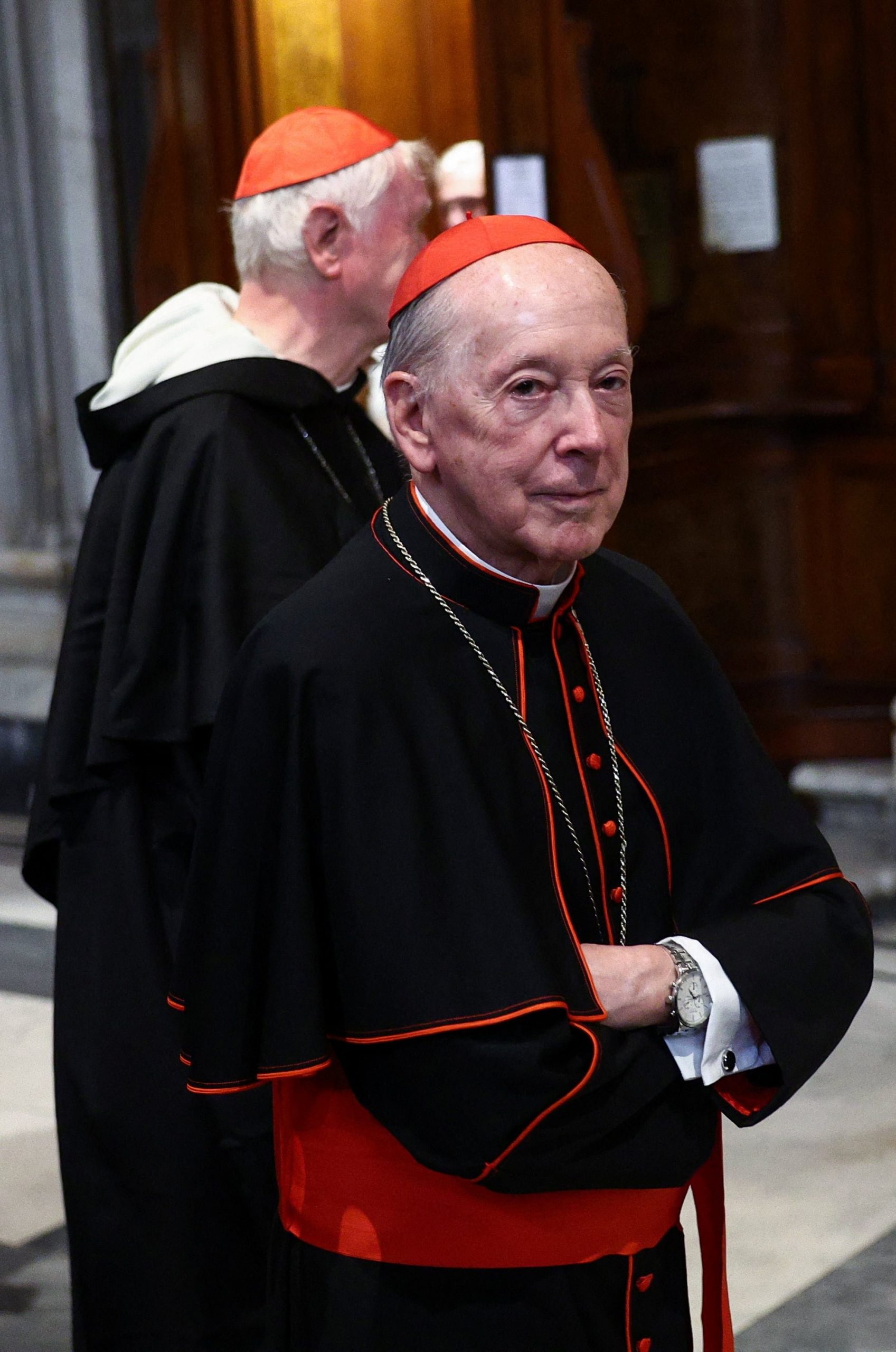 Cardinal Juan Luis Cipriani Thorne leaves along with other Cardinals after attending Vespers prayers and visiting the tomb of the late Pope Francis at the Basilica of Saint Mary Major (Santa Maria Maggiore), in Rome, Italy, April 27, 2025. REUTERS/Guglielmo Mangiapane