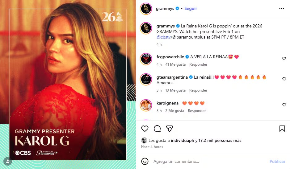 La colombiana compartirá el honor de presentar uno de los premios de la gala junto a figuras como Chapelle Roan o Queen Latifah - crédito @grammys/Instagram