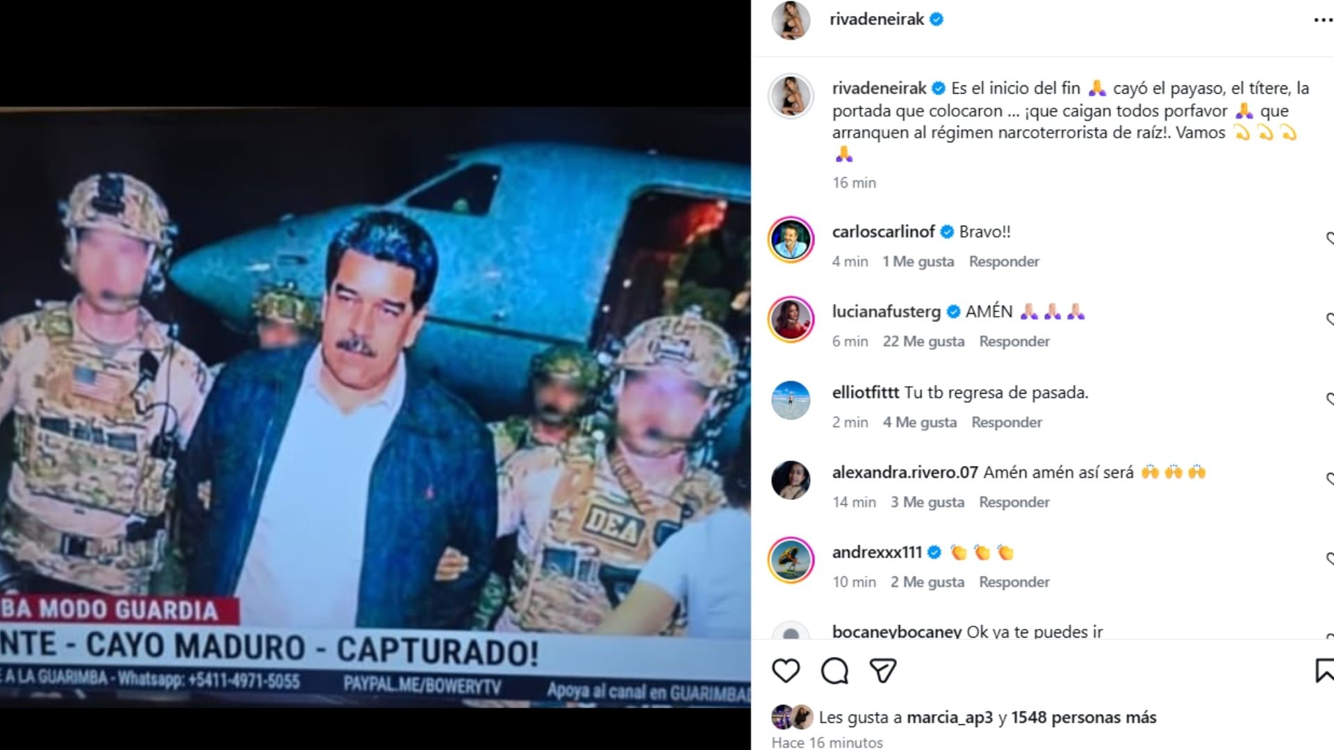 Korina Rivadeneira celebra la caída de Nicolás Maduro. IG