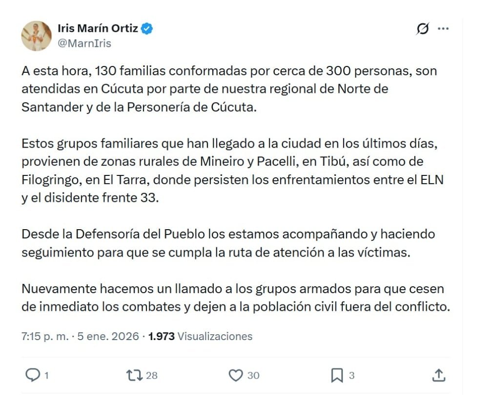 La defensora del Pueblo, Iris Marín, reportó sobre la situación en el Catatumbo, tras las confrontaciones entre el ELN y las disidencias - crédito @MarnIris/X