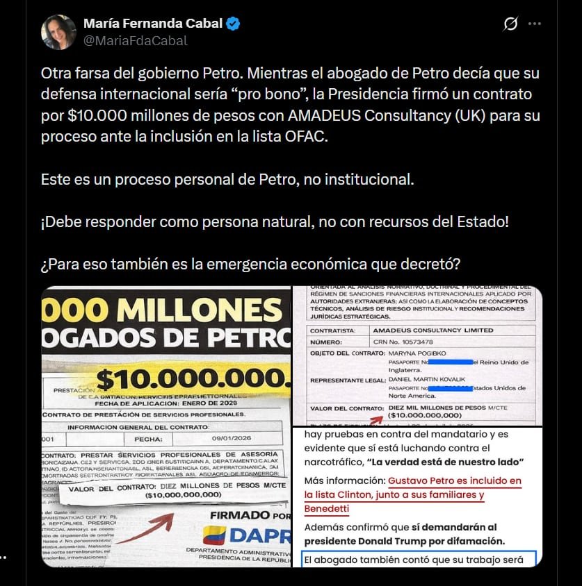 Senadora María Fernanda Cabal criticó el uso de recursos públicos para la defensa de Petro, calificando el proceso como de interés personal y no institucional - crédito X