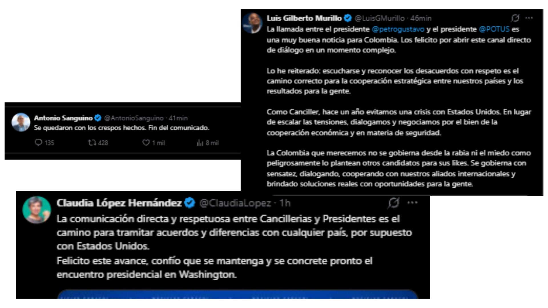 La precandidata presidencial Claudia López destacó la importancia de la comunicación respetuosa entre cancillerías y presidentes de ambos países - crédito Composición fotográfica (Redes sociales/X)