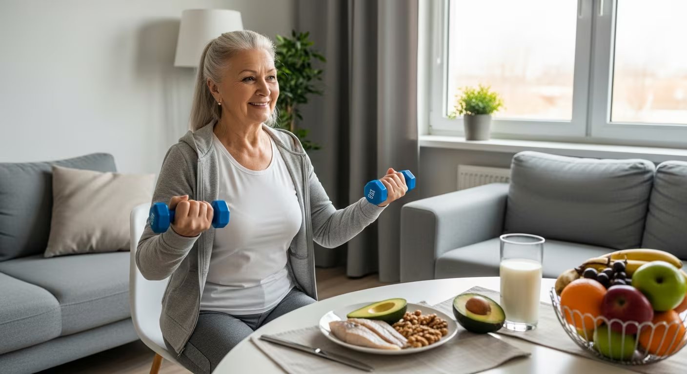 Una mujer mayor realiza ejercicios con mancuernas en su sala, mostrando una actitud positiva hacia el bienestar físico. En la mesa se observa una dieta saludable que incluye pescado, nueces, aguacate, frutas frescas y un vaso de leche, ejemplificando la importancia de combinar actividad física y nutrición adecuada para un envejecimiento activo. (Imagen Ilustrativa Infobae)