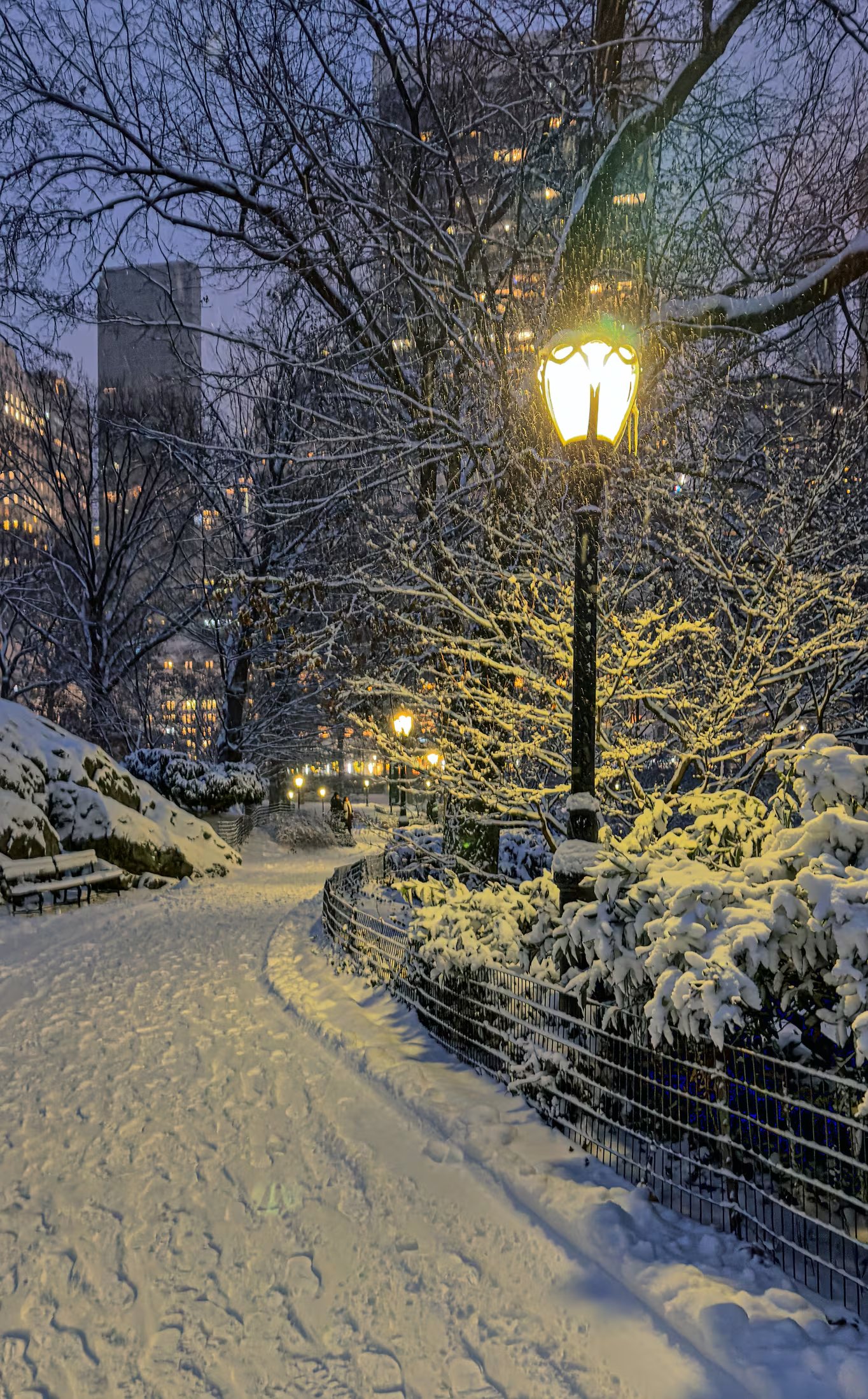 Un farol encendido ilumina un camino cubierto de nieve al anochecer, acentuando la atmósfera de quietud que se apoderó del parque tras la intensa nevada.
