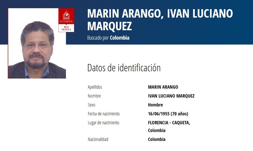 Desde 2021 se volvió a activar la circulas de búsqueda internacional roja de Interpol en contra de Luciano Marín Arango, alias Iván Márquez - crédito Interpol