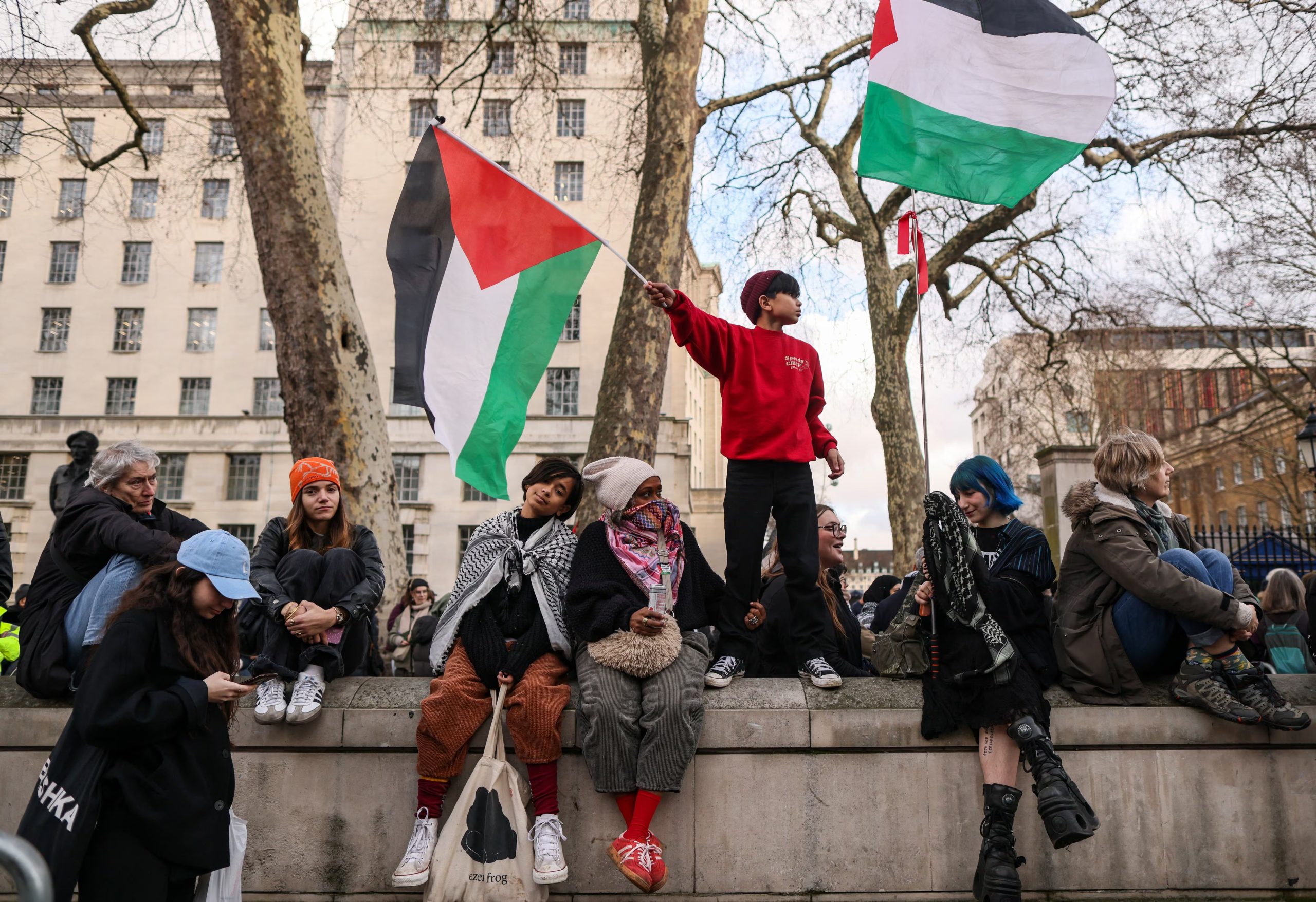 A boy waves a Palestinian flag on Whitehall during the National March for Palestine - hands off Gaza, a pro-Palestinian protest calling for the government to 