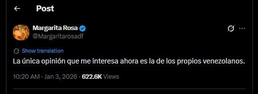 Margarita Rosa de Francisco ha hecho varias mensajes haciendo referencia a la situación en Venezuela - crédito @Margaritarosadf