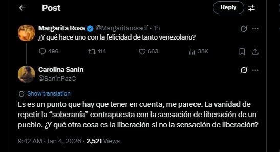 Carolina Sanín contestó a publicación de la actriz - crédito @SaninPazC