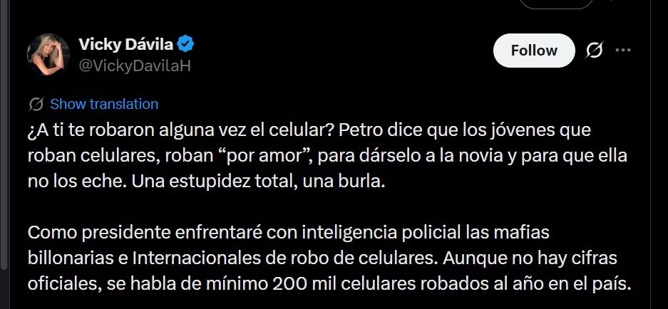 Vicky Dávila rechaza las declaraciones de Gustavo Petro y denuncia el impacto de los robos de celulares en la sociedad colombiana - crédito @VickyDavilaH/X