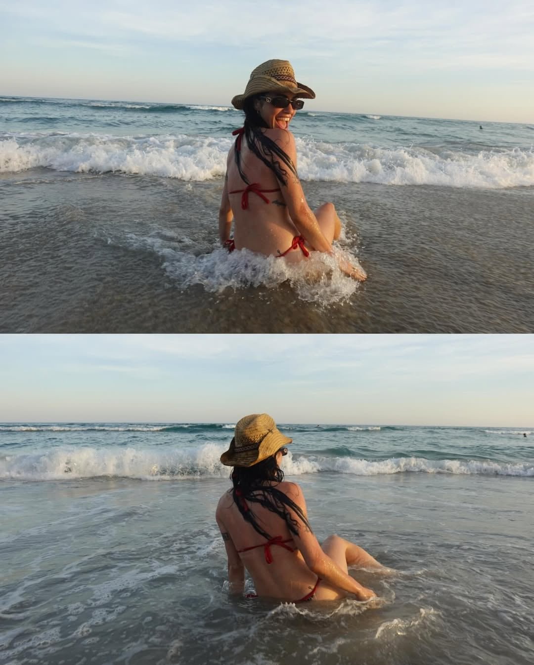 Lali, sonriente, disfrutando del agua y el clima tropical