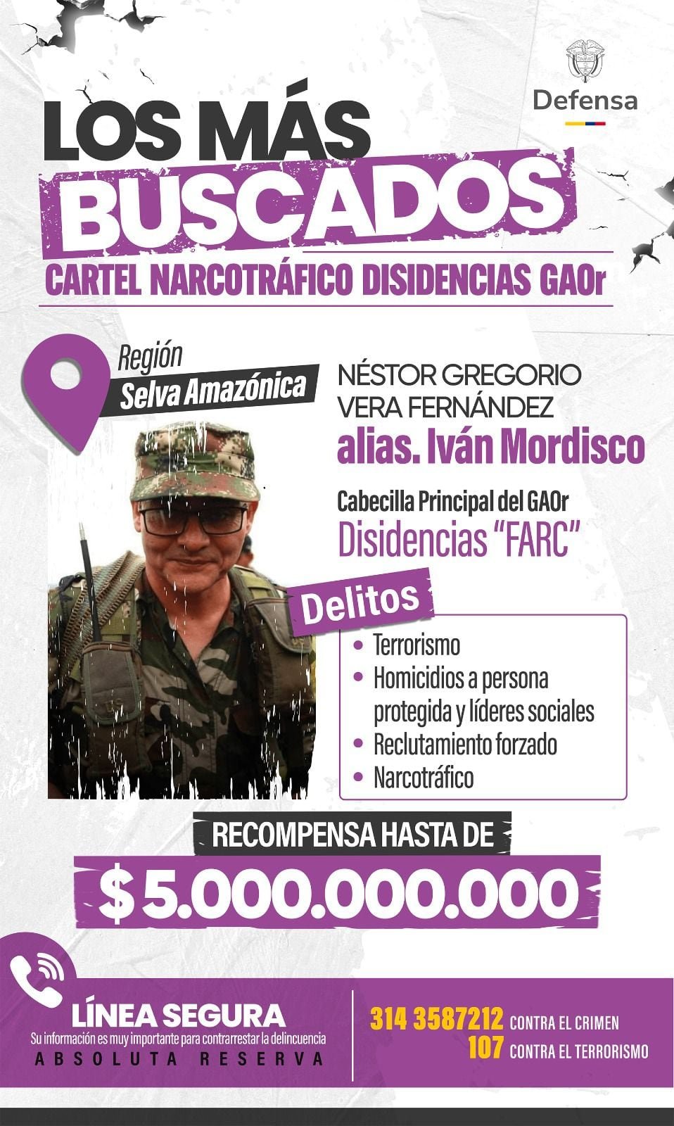 Las autoridades ofrecen hasta 5.000 millones de pesos por el comandante del Estado Mayor Central - crédito Ministerio de Defensa