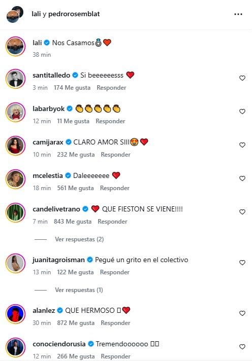 El anuncio de boda de Lali y Pedro desató una ola de reacciones de fanáticos, colegas y celebridades en las redes sociales