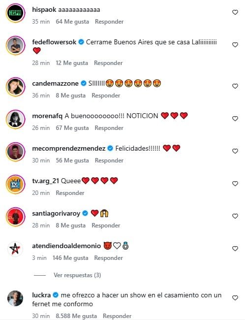 Mensajes de felicitación y humor se multiplicaron en el post, con artistas como Luck Ra bromeando con tocar en la boda