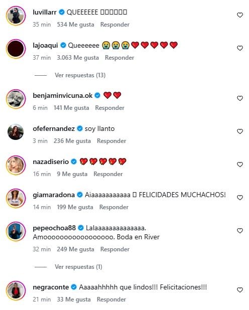 Figuras como Candela Vetrano, Claudia Villafañe y Benjamín Vicuña celebraron el compromiso con mensajes emotivos y corazones