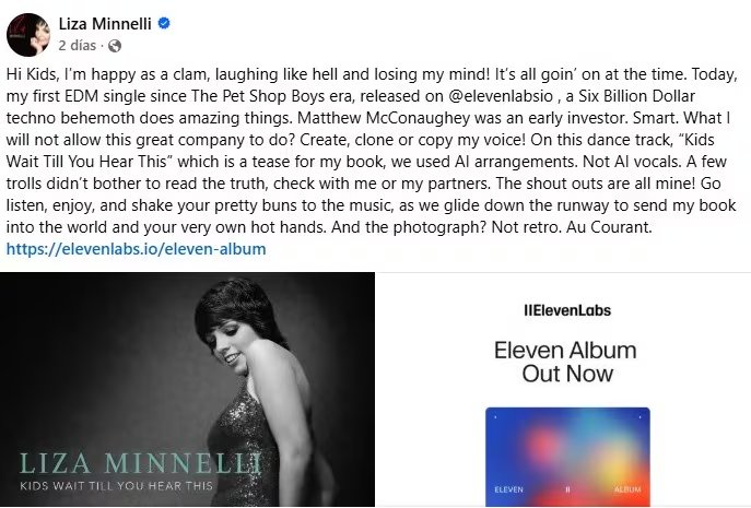 Liza Minnelli se sinceró sobre el uso de IA en su nueva canción. (Facebook/Liza Minnelli)