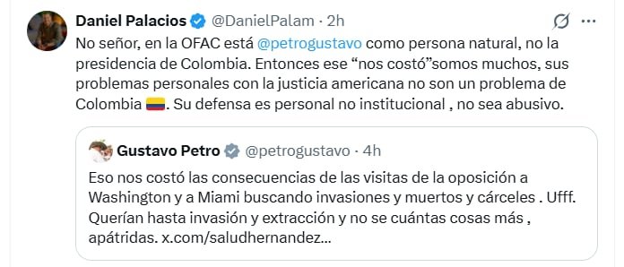 Daniel Palacios aseguró que la defensa de Petro es personal, no institucional - crédito @DanielPalam/X