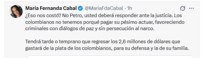 María Fernanda Cabal pidió que el presidente devuelva los 2,6 millones de dólares gastados - crédito @MariaFdaCabal/X