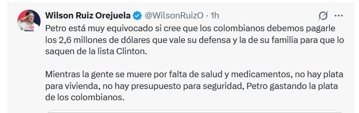 Wilson Ruiz cuestionó la prioridad del gasto frente a necesidades sociales como salud y seguridad - crédito @WilsonRuizO/X
