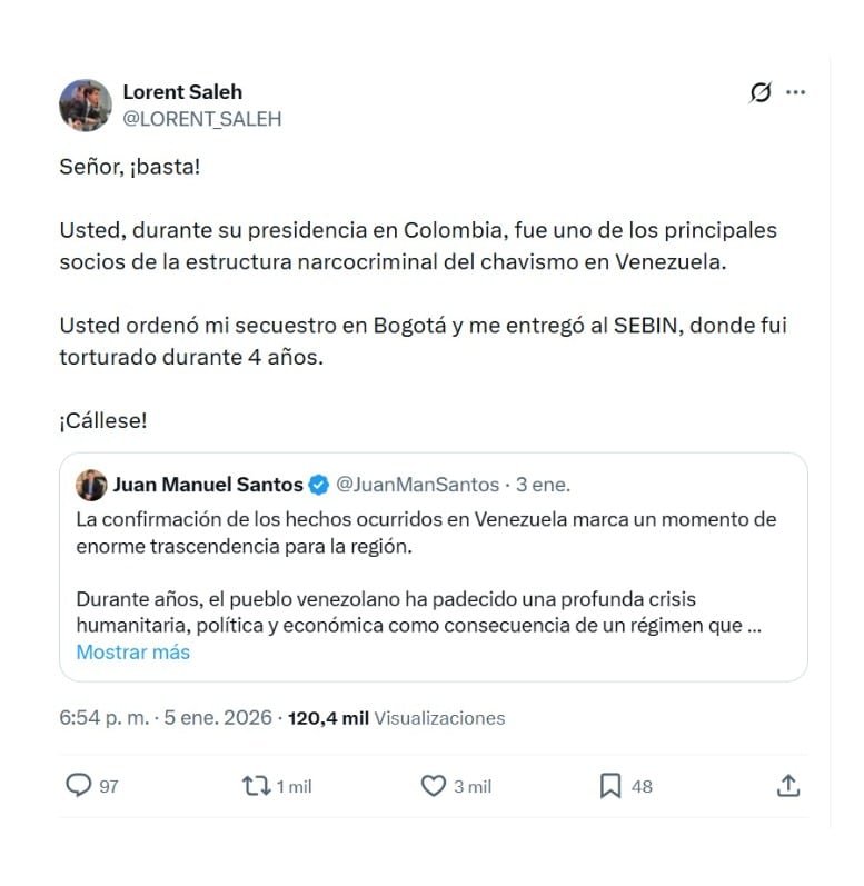 Con esta publicación en X, el activista venezolano Lorent Saleh lanzó duros señalamientos a Juan Manuel Santos, al que no le perdona su entrega al régimen de Nicolás Maduro - crédito @LORENT_SALEH/X