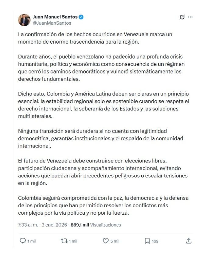 En X, el expresidente Juan Manuel Santos hizo públicas sus percepciones frente a lo que está ocurriendo en Venezuela e hizo un llamado al diálogo - crédito @JuanManSantos/X
