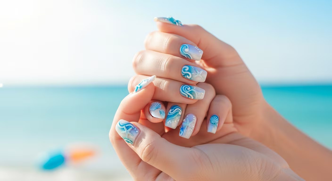 Motivos marinos como ondas y estrellas en tonos azules y blancos lideran los estilos más buscados para uñas decoradas este verano - (Imagen Ilustrativa Infobae)