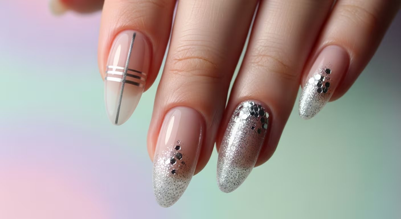 Primer plano de una mano con uñas cuidadosamente decoradas, presentando diseños modernos en tonos nude, detalles metalizados y aplicaciones de glitter plateado. La propuesta destaca la innovación y creatividad en las tendencias actuales de manicura. - (Imagen Ilustrativa Infobae)