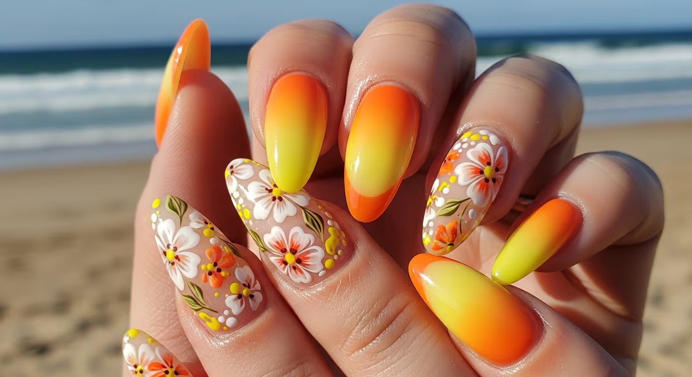 El degradado ombré en colores amarillo y naranja aporta energía y vitalidad en los diseños de uñas para el verano 2026, combinado con técnicas como la francesa y motivos florales - (Imagen Ilustrativa Infobae)