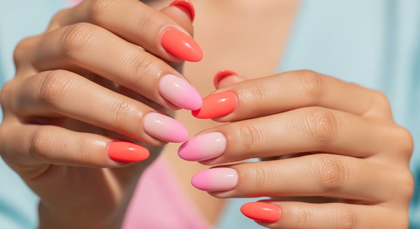 El diseño de uñas con efecto bicolor degradado en tonos rosa y coral realza el bronceado y lidera las tendencias de manicura esta temporada - (Imagen Ilustrativa Infobae)