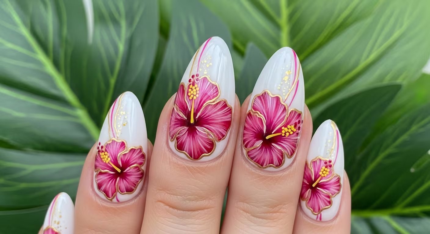 La manicura con flor tropical hibiscus sobre bases blancas y detalles frambuesa y dorados aporta un contraste sofisticado para los looks estivales - (Imagen Ilustrativa Infobae)