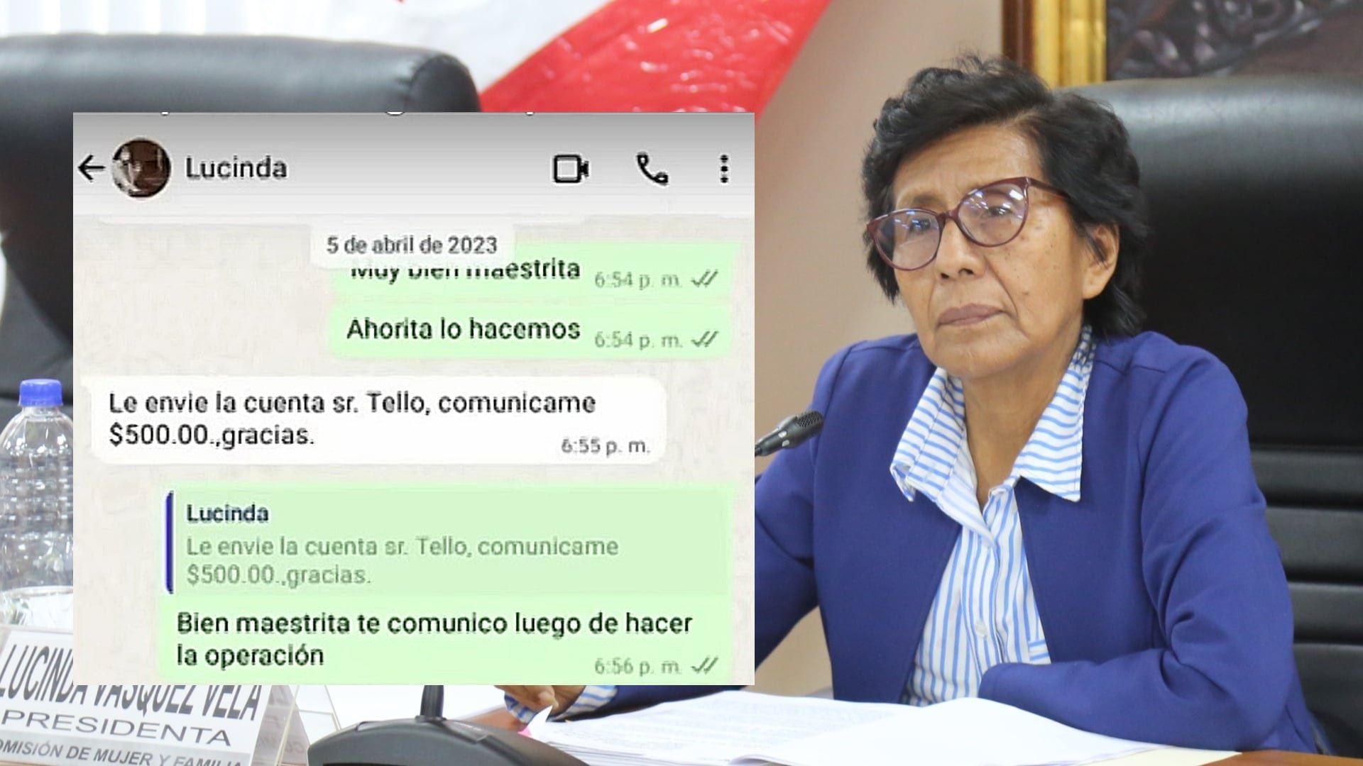 Al ser abordada por Cuarto Poder para que responda por la denuncia, Lucinda Vásquez solo optó por insultar y huir. Foto: composición Infobae/Congreso/Cuarto Poder
