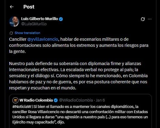 Luis Gilberto Murillo respondió a las declaraciones de la canciller Rosa Villavicencio - crédito @LuisGMurillo