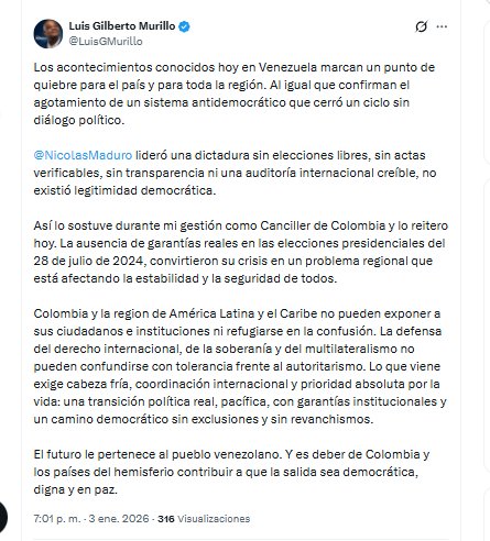 El excanciller Luis Gilberto Murillo aseguró que Nicolás Maduro lideró una dictadura en Venezuela - crédito @LuisGMurillo/X