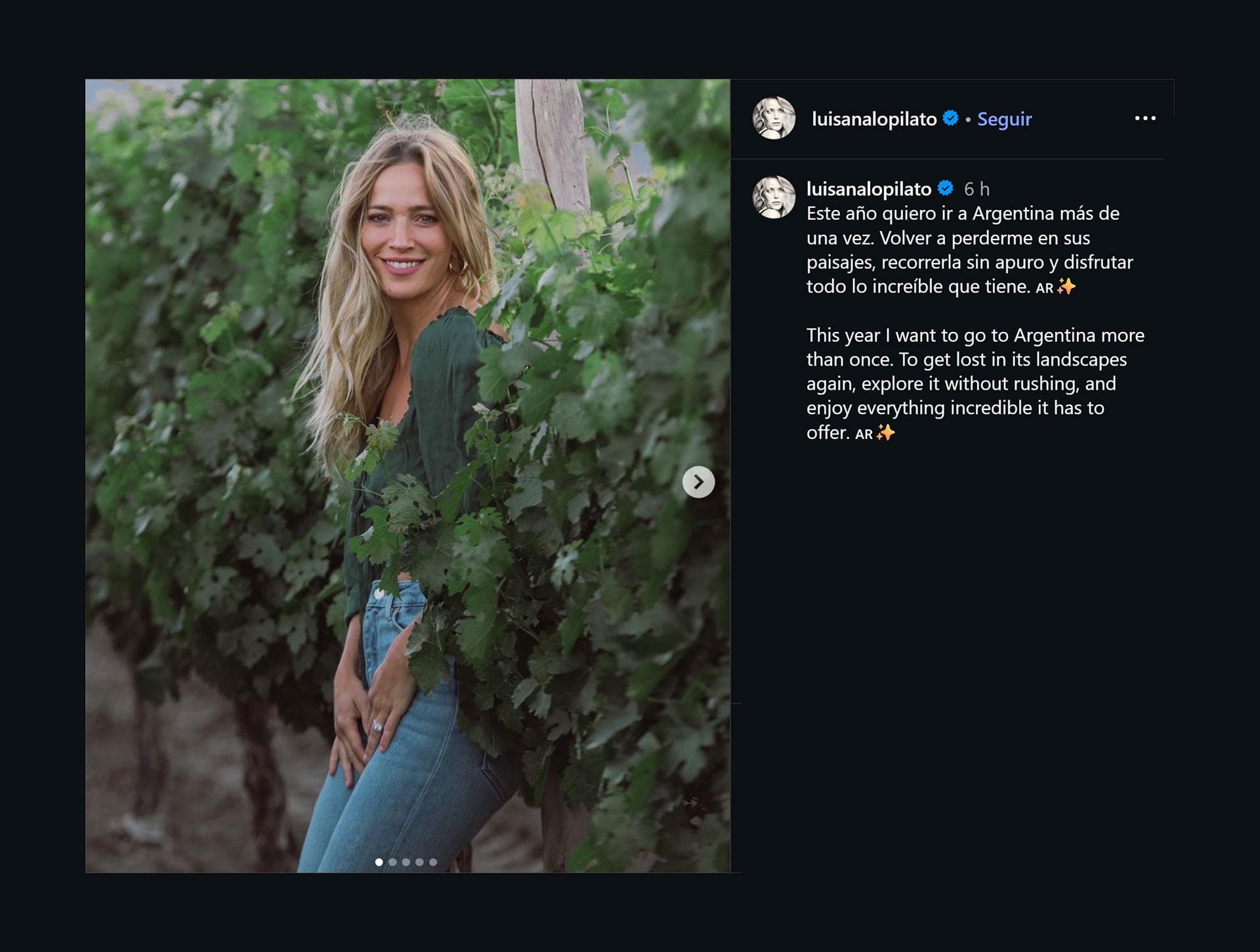 Posando entre viñedos, Luisana expresó sus ganas de volver más seguido al país durante este año