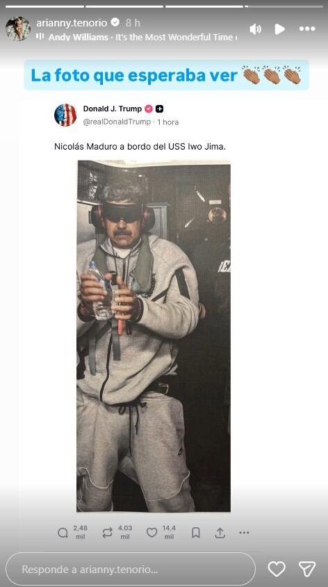 Ary Tenorio, novia de Luisito Comunica, expresa incertidumbre y tensión en Venezuela y comparte su reacción ante la captura de Maduro.
(Captura de pantalla)