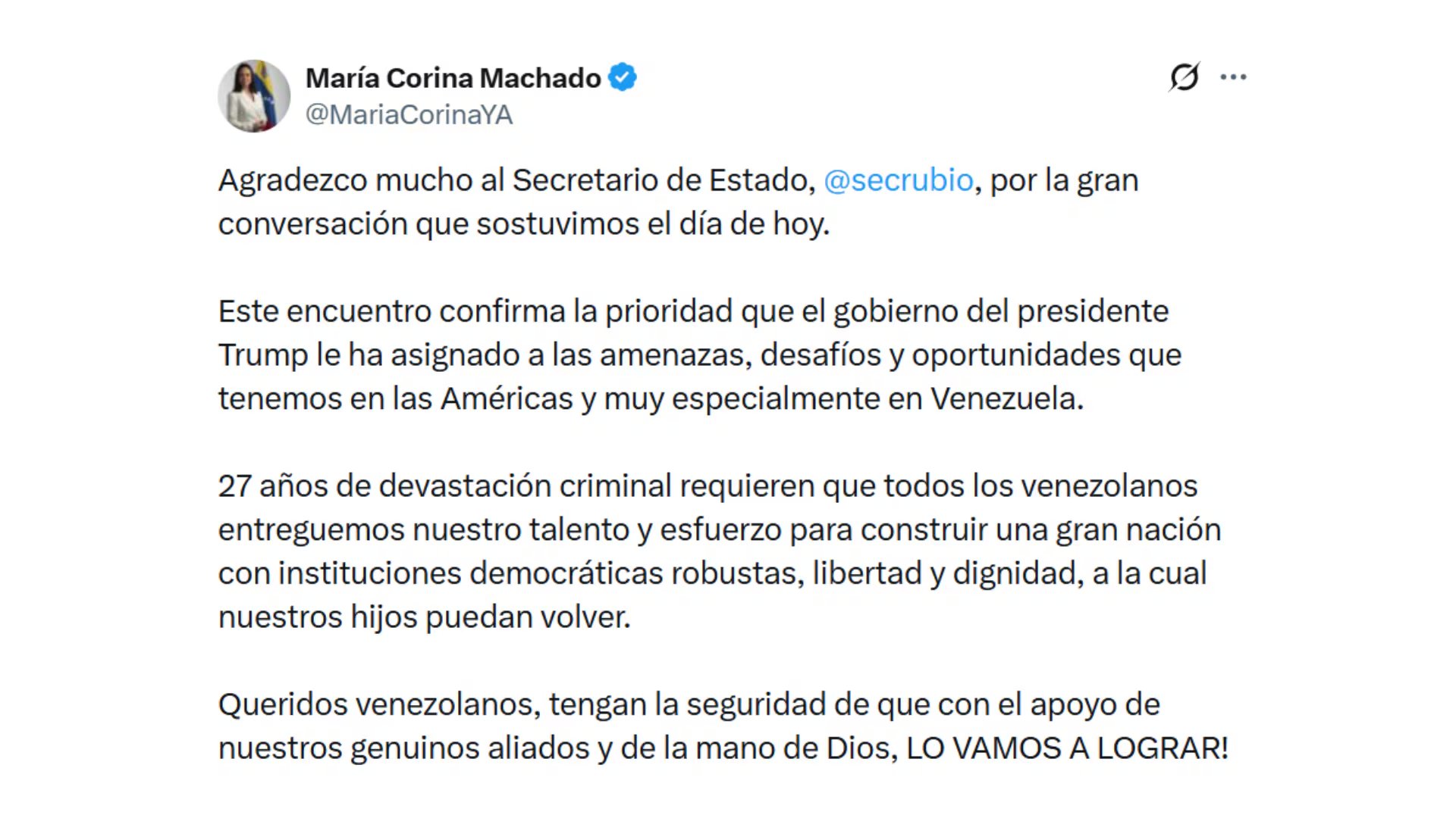 El posteo de María Corina Machado en X (@MariaCorinaYA)