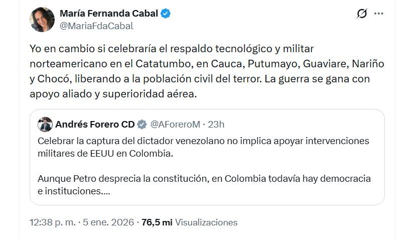 María Fernanda Cabal respondió de manera directa y expresó su respaldo a un apoyo militar y tecnológico de Estados Unidos en varias regiones del país con presencia de grupos armados ilegales - crédito @MariaFdaCabal/X