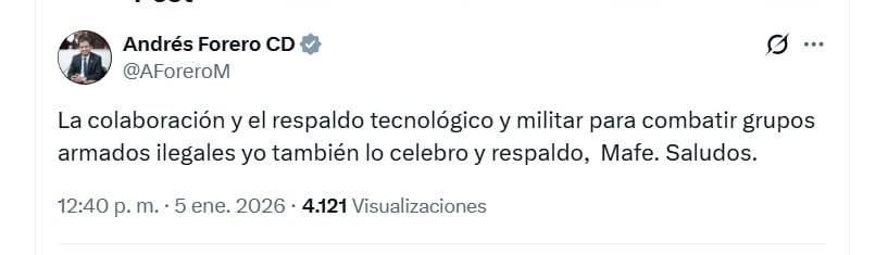 Para suavizar las cosas, Andrés Forero señaló que si quería un apoyo para acabar con las mafias - crédito @AForero/X