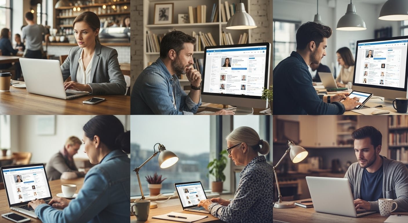 Varias personas de diferentes edades trabajan de manera remota utilizando computadoras portátiles y de escritorio en entornos modernos como cafeterías, oficinas y hogares, evidenciando la integración de la tecnología en la vida laboral actual. La imagen destaca la colaboración digital y la conectividad como elementos clave en el mundo profesional contemporáneo. (Imagen Ilustrativa Infobae)