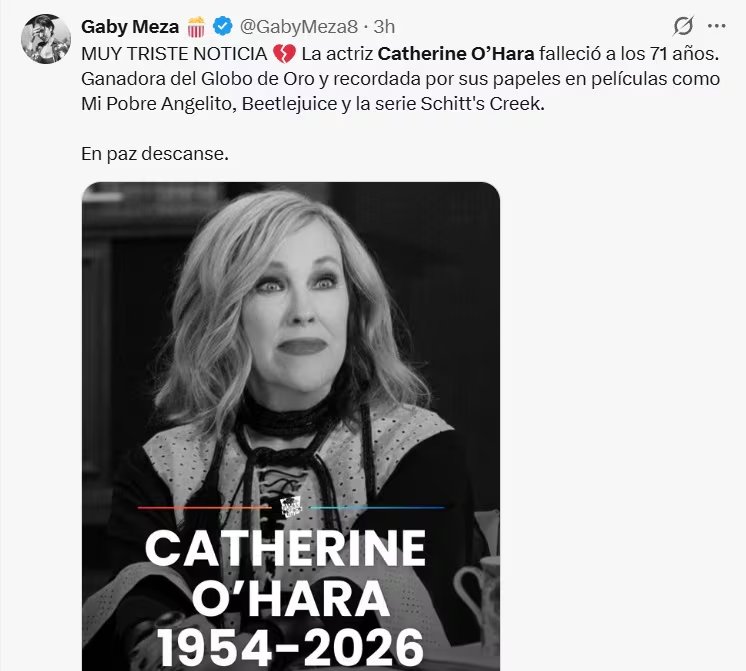 La reacción de los fans peruanos ante la muerte de la actriz Catherine O’Hara. X