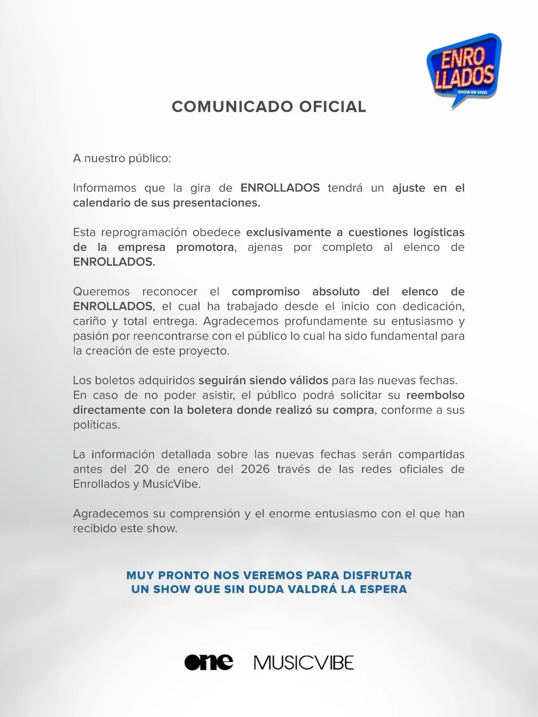 La noticia se dio a conocer a través de un comunicado oficial emitido por la promotora One MusicVibe. (@enrollados, Instagram)