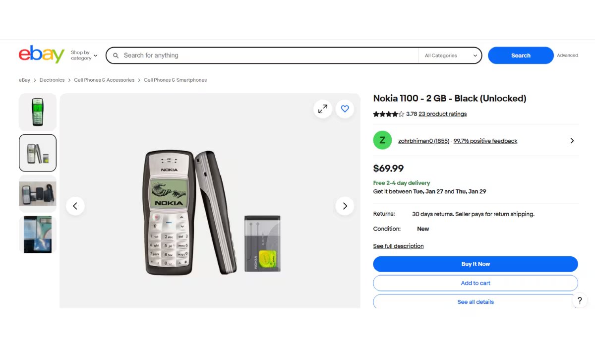 En la actualidad, es complicado encontrar un Nokia 1100 nuevo. Se pueden comprar de segunda mano desde 70 dólares. (eBay)