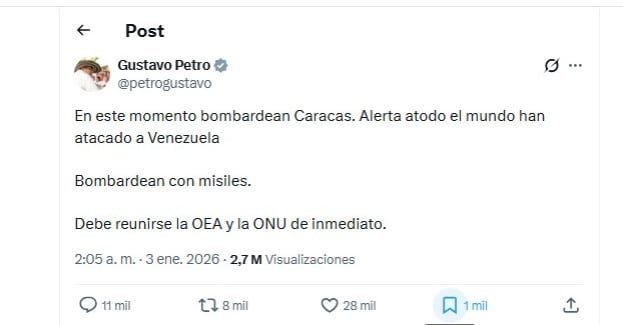 Gustavo Petro pidió a la OEA que se reuniera de inmediato tras los acontecimientos ocurridos en Venezuela - crédito X