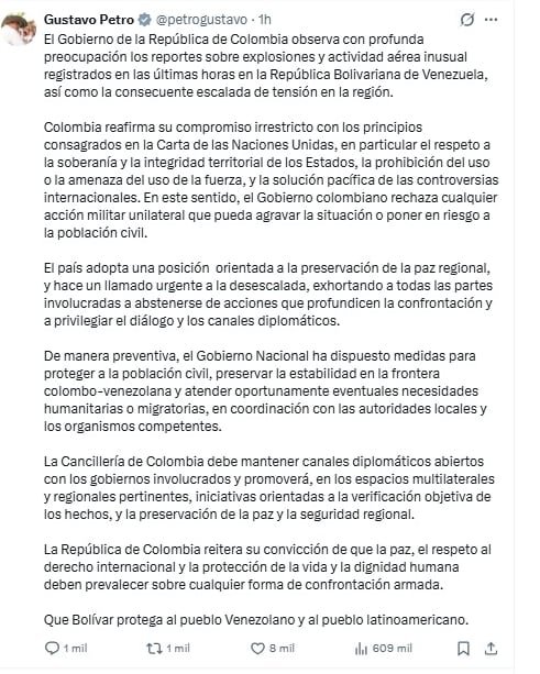 Mensaje del presidente Gustavo Petro sobre la postura del Gobierno nacional tras ataque aéreo de Estados Unidos a Caracas (Venezuela) - crédito X