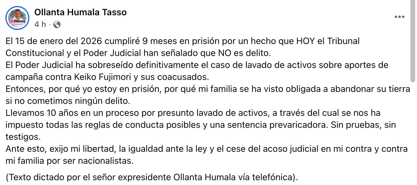 Publicación de Ollanta Humala en Facebook.