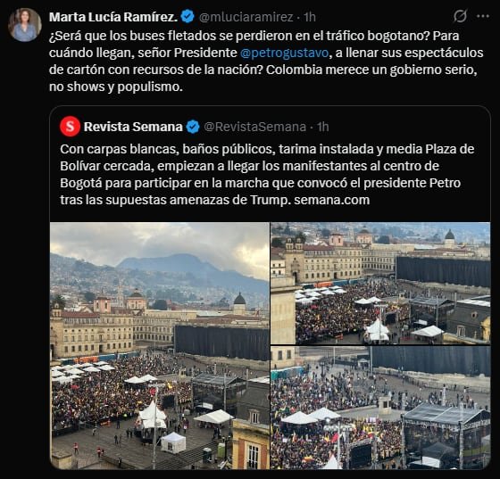 Marta Lucía Ramírez criticó las marchas convocadas por Petro - crédito @MariaFdaCabal/X