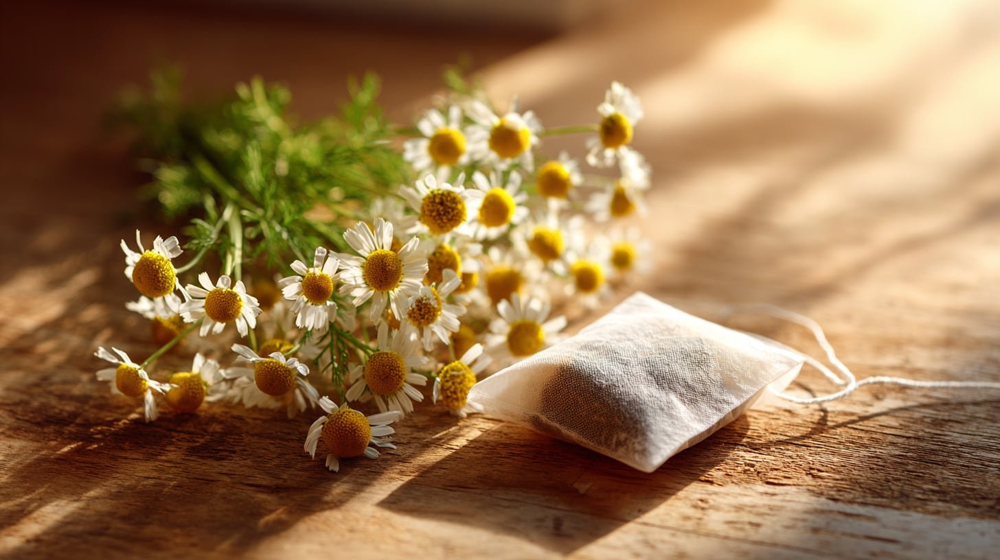 Té de manzanilla servido en una taza de cerámica, acompañado de flores de manzanilla secas que resaltan su origen natural y efecto relajante. — (Imagen Ilustrativa Infobae)