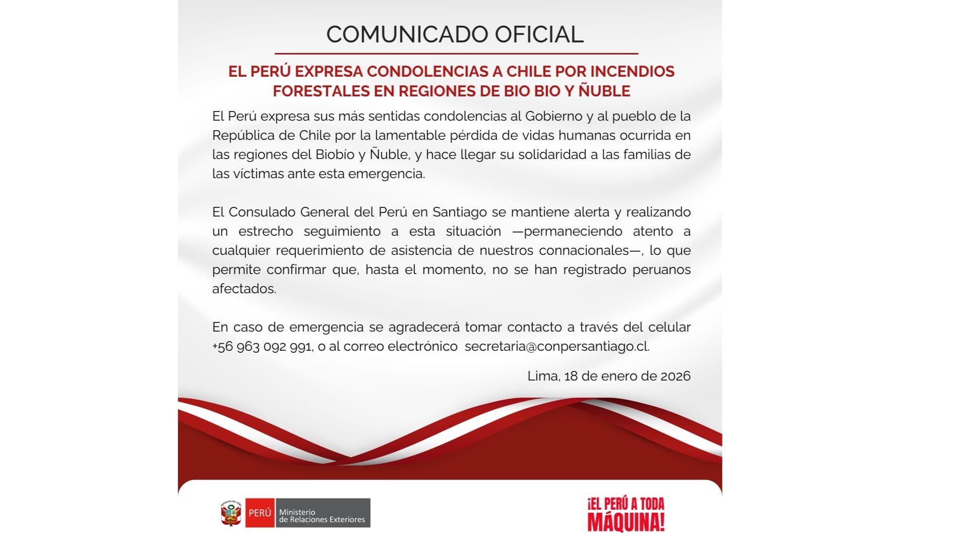 Comunicado Cancillería por incendios en Chile