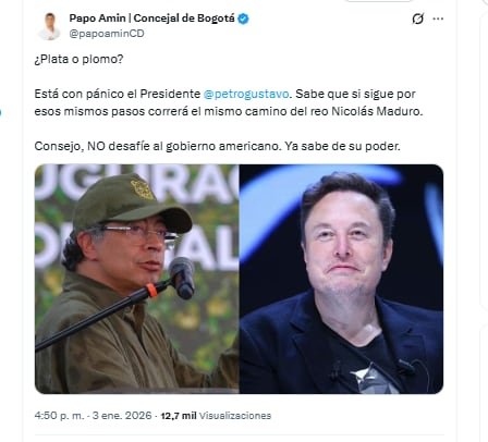 El concejal Papo Amín aseguró que el presidente Petro está “con pánico” debido a las acciones de Estados Unidos en Venezuela - crédito @papoaminCD/X