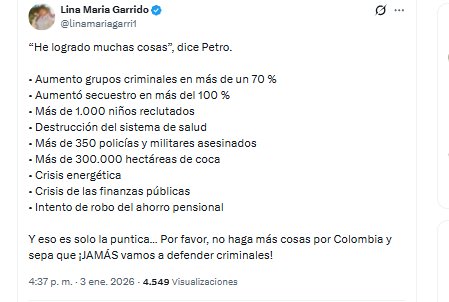 La congresista Lina María Garrido expuso los problemas que se han presentado en Colombia durante la administración de Gustavo Petro - crédito @linamariagarri1/X